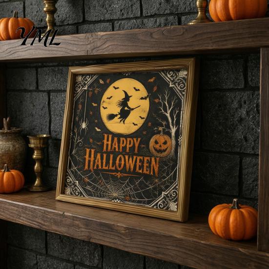 Rustic Pumpkin Castle Shelf Decorations Wooden Halloween Framed Decor Sign, Happy Trick or Treat Printed Picture Frame, Party Witch Owl Wall Tabletop