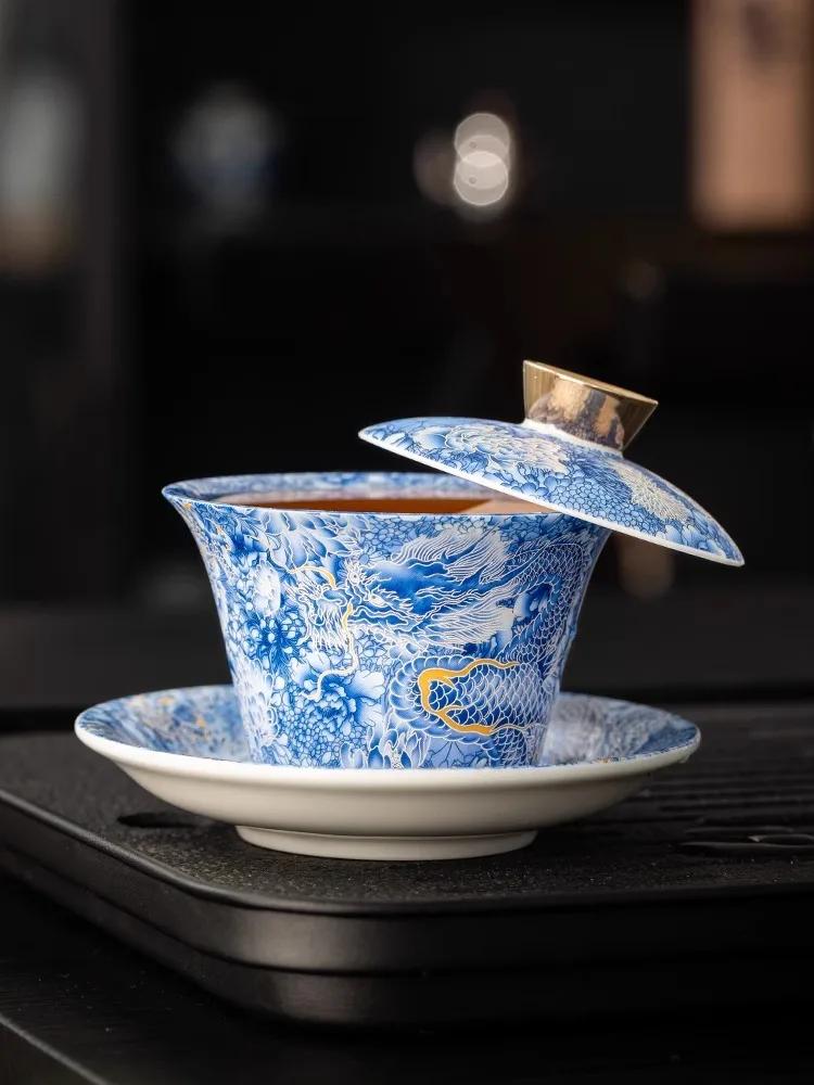 1 Set San Cai Gai Bowl Tea Cup Single High End Household Hovering Rotating Tea Bowl Anti Scalding Ceramic Kung Fu Tea Set