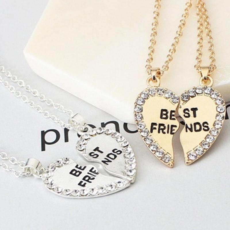 2 Pcs/Set  Best Friends Love Heart Pendant Charm Chain Necklace Jewelry  (Size: One Size, Color: Sil