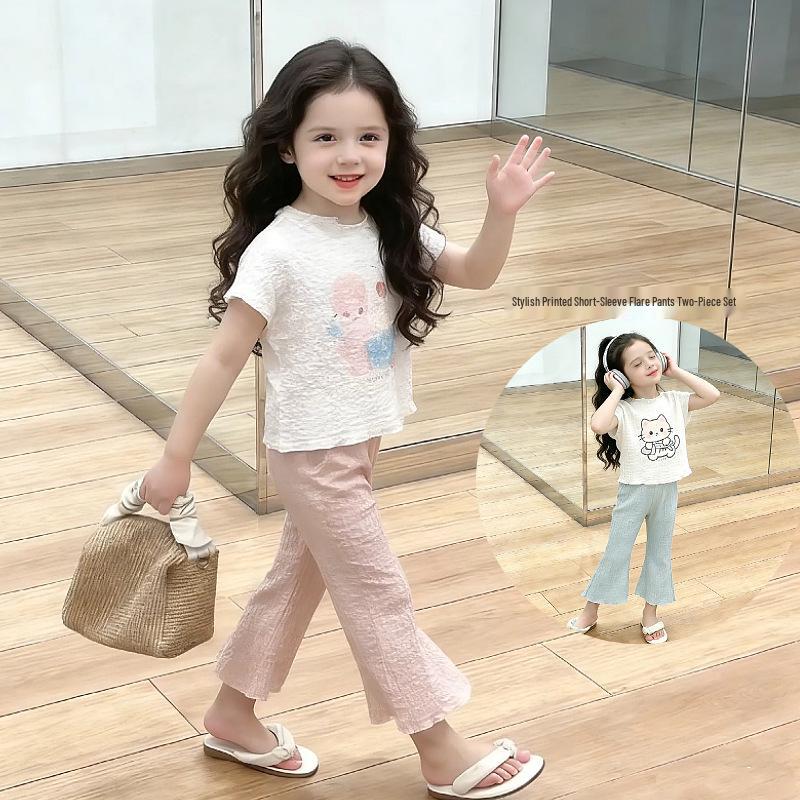 2025 Summer Girls' Bunny & Cat Print Bell Bottom Two-Piece Set