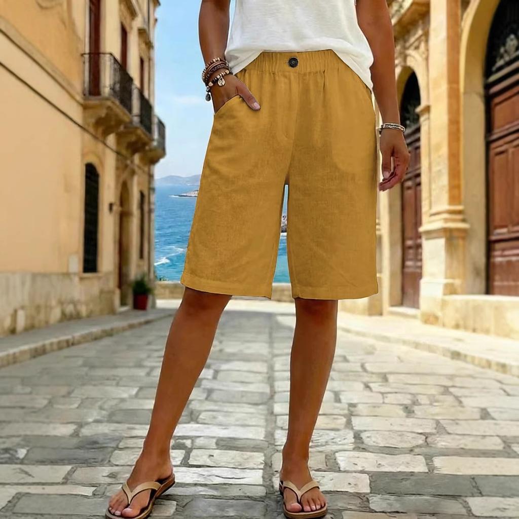 Women's Fashionable Color Elastic Waist Pocket Casual Loose Cotton And Linen  Five Quarter Shorts