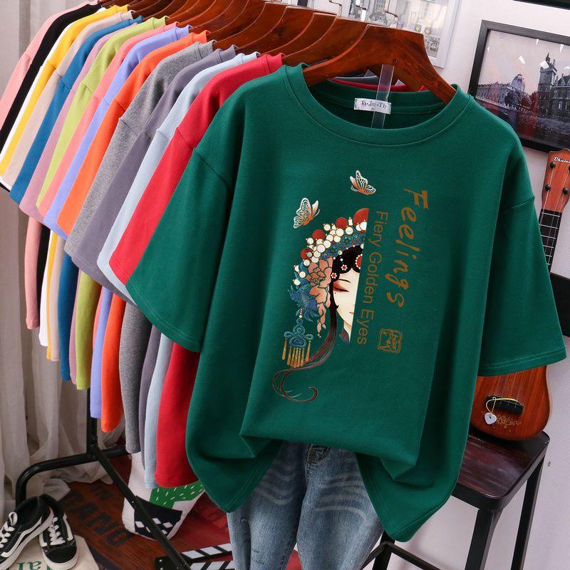 Kinesisk Stil Tryckt Kortärmad Dam Plus Size T-shirt Bomull L-5XL Topp Trendig Tryckt Enkel Vardaglig Dam Kortärmad T-shirt