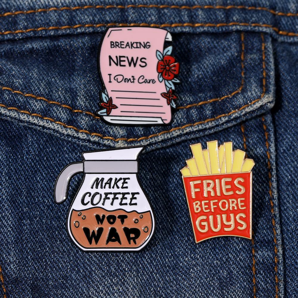 Funny OL Coffee Break Theme Enamel Brooches Newspapers French Fries Make Coffee Not War Design Pins For Women Dress Badge