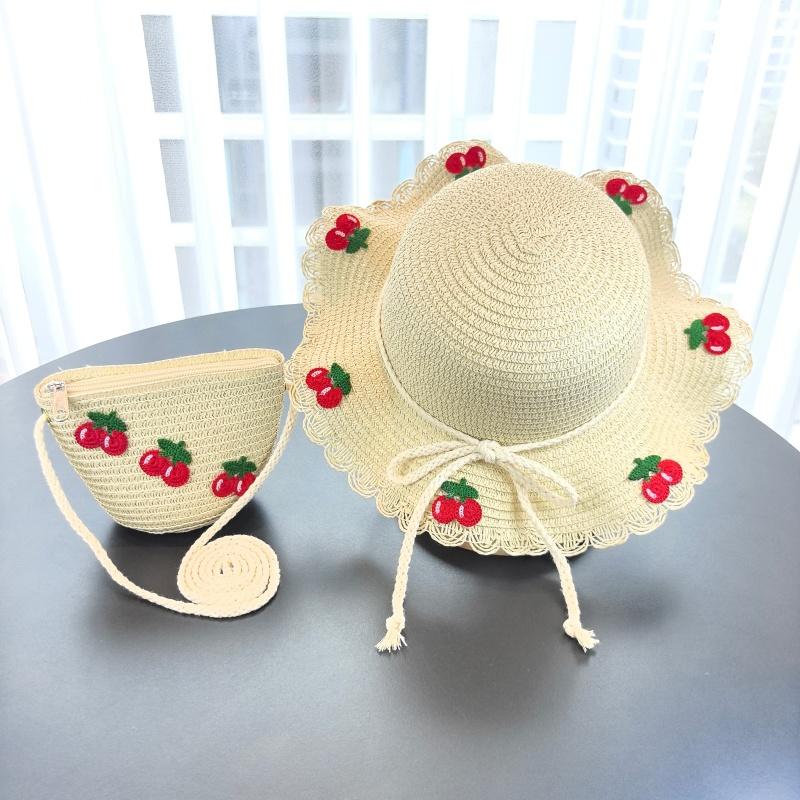 

Cute Cherry Baby Girl Straw Hat Summer Breathable Sunshade Beach Kids Panama Cap Outdoor Sunscreen hat бежевий