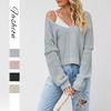 Women S V Neck Off Shoulder Knit Sweater Solid Color Casual