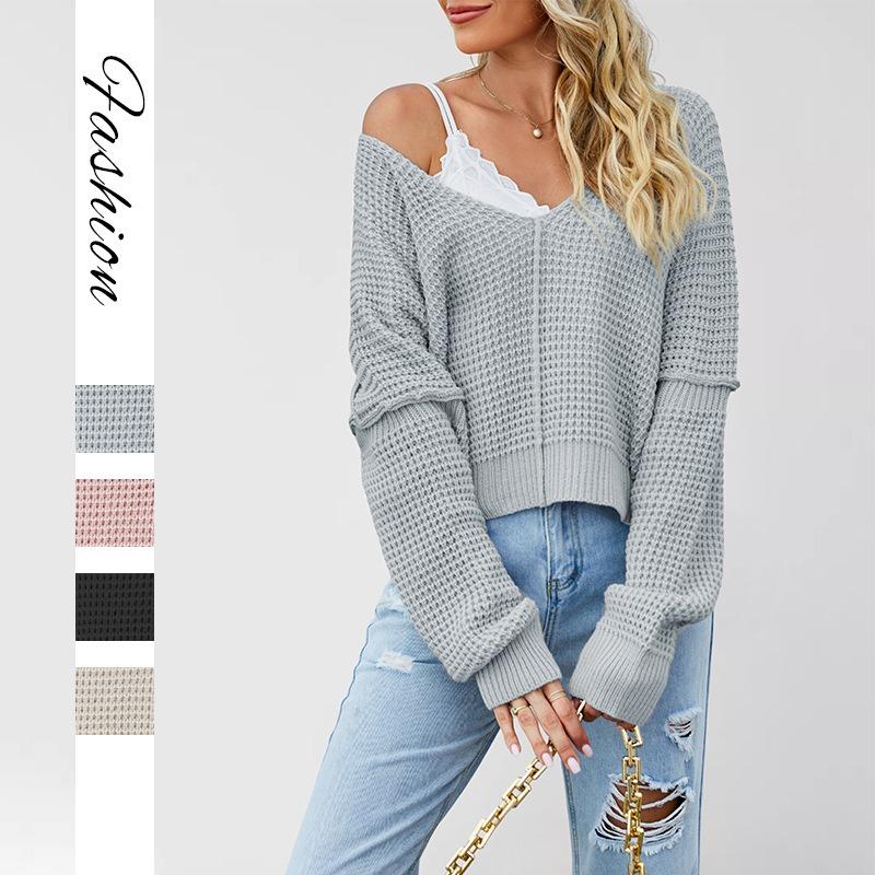 Women S V Neck Off Shoulder Knit Sweater Solid Color Casual