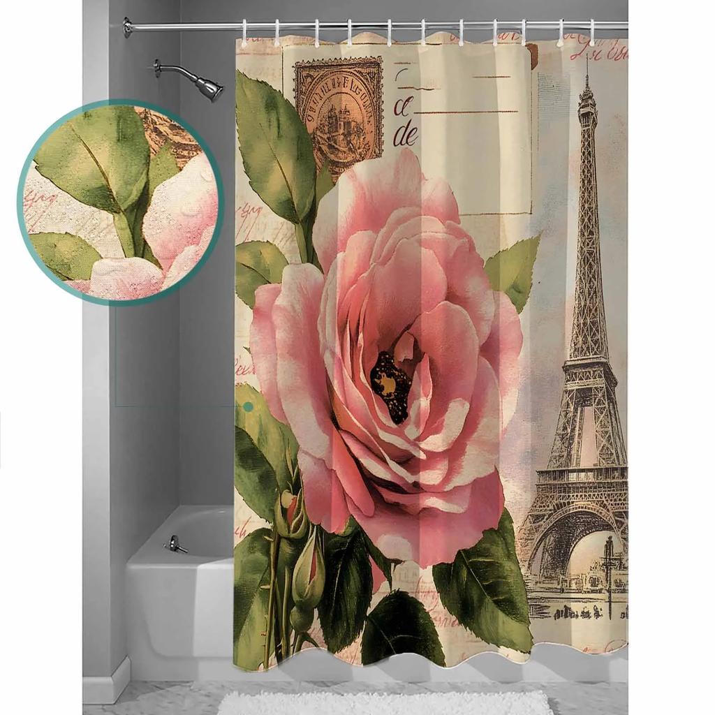 Vintage Pink Flower Tower Shower Curtains Waterproof Bath Curtains Home Decor Modern Luxury Bathroom Curtain