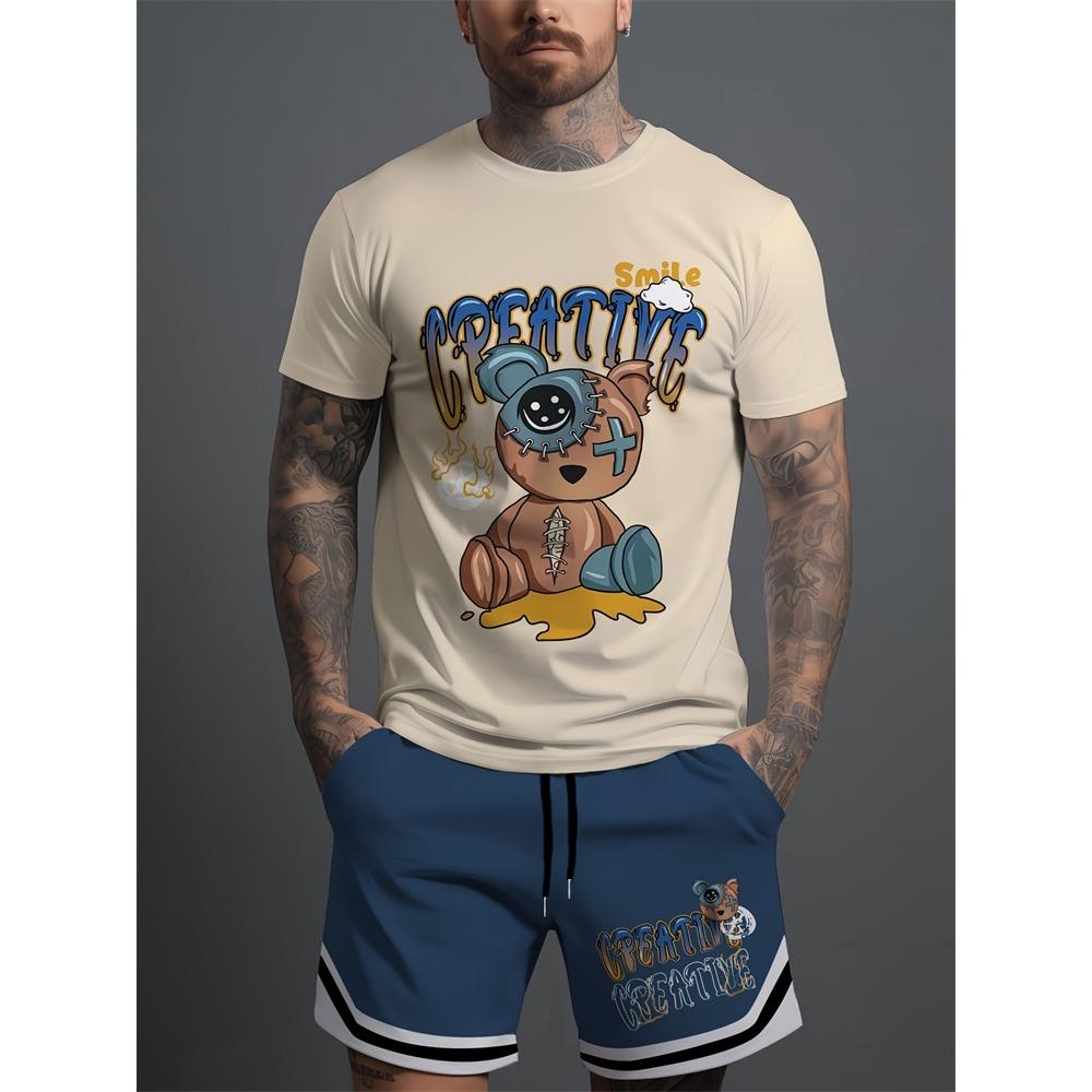 Summer Men's T-shirt and Shorts 2 Piece Set Hip Hop Print Round Neck T Shirt Casual Fashion Style Breathable Short Sleeve Shorts