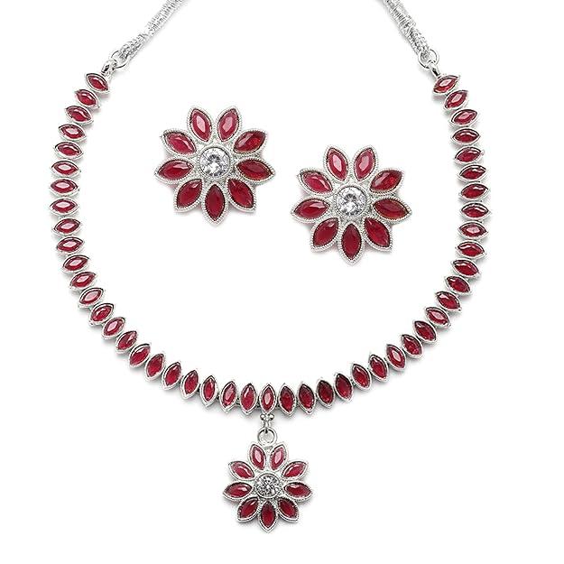 Oxidised Silver-Plated Flower & Leaf American Diamond Studded Necklace Earrings Jewellery Set for Girls and Women