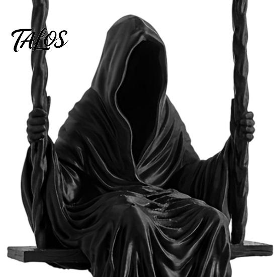 Talos 3D Printed Sitting Reaper Statue, Faceless Man In Black Robe On Swing Figurine, Gothic Cloak Sculpture Ornament, Dark Style Figurine Decoration
