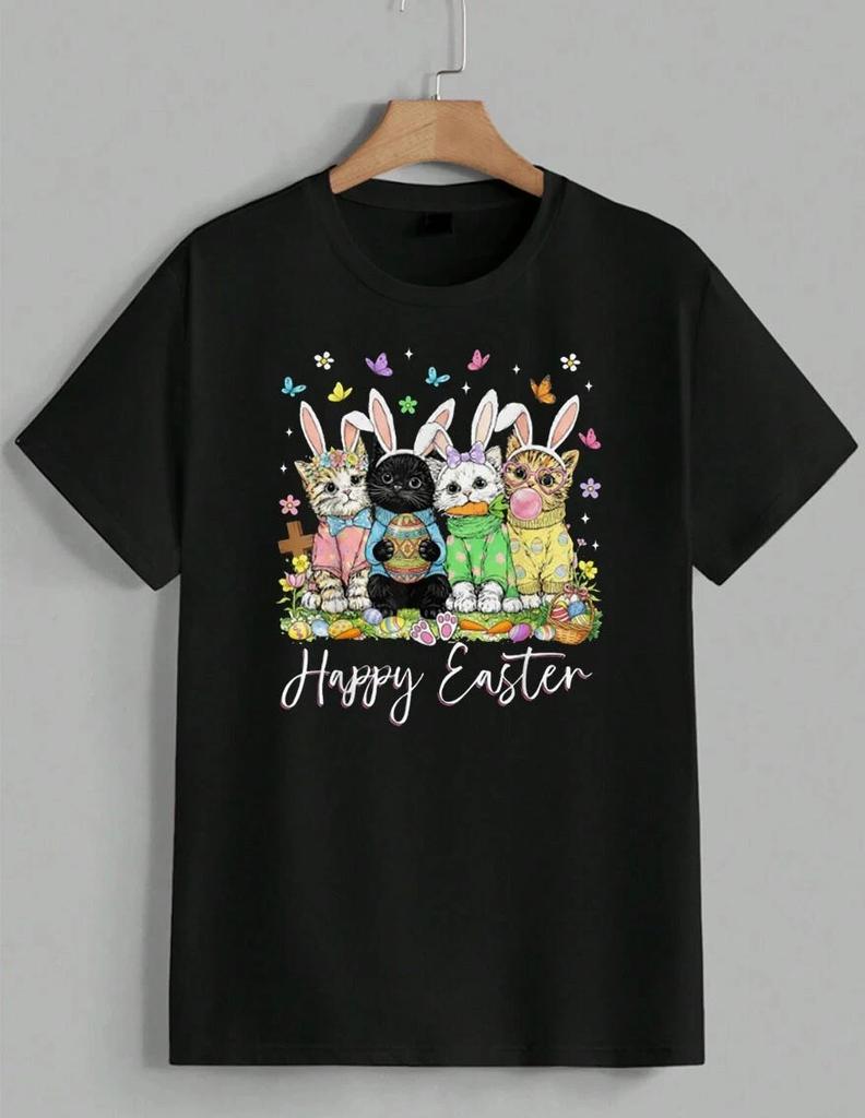 Happy Easter Cats T-Shirt Bunny Ears Kitten Egg Graphic Spring Holiday Unisex