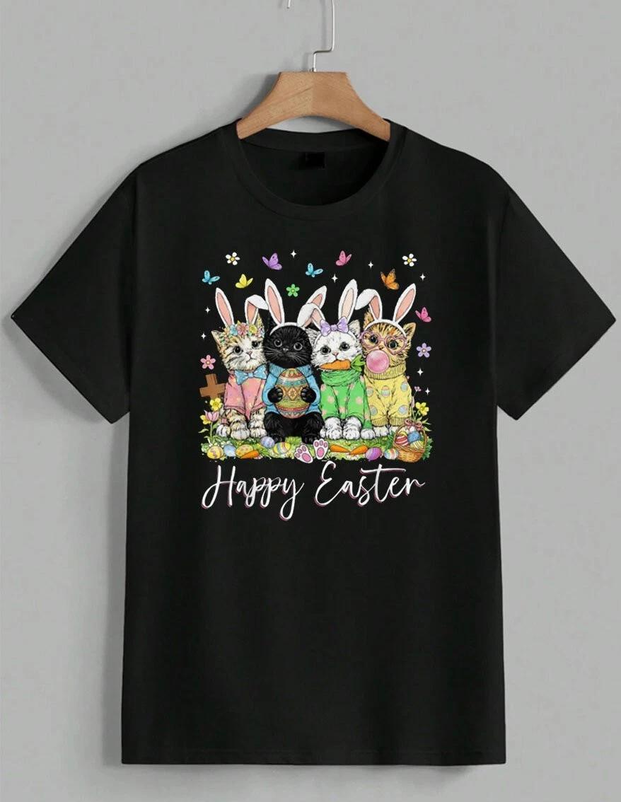 Happy Easter Cats T-Shirt Bunny Ears Kitten Egg Graphic Spring Holiday Unisex XXXL