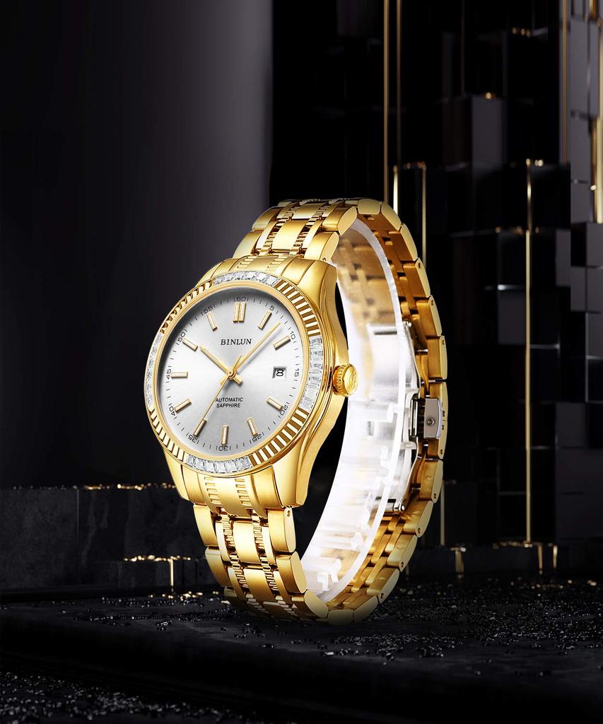 BINLUN Men's Gold Mechanical Automatic Watch with Water Resistance, Stylish Casual Business Watch with Stainless Steel Finish, Date Display, Perfect
