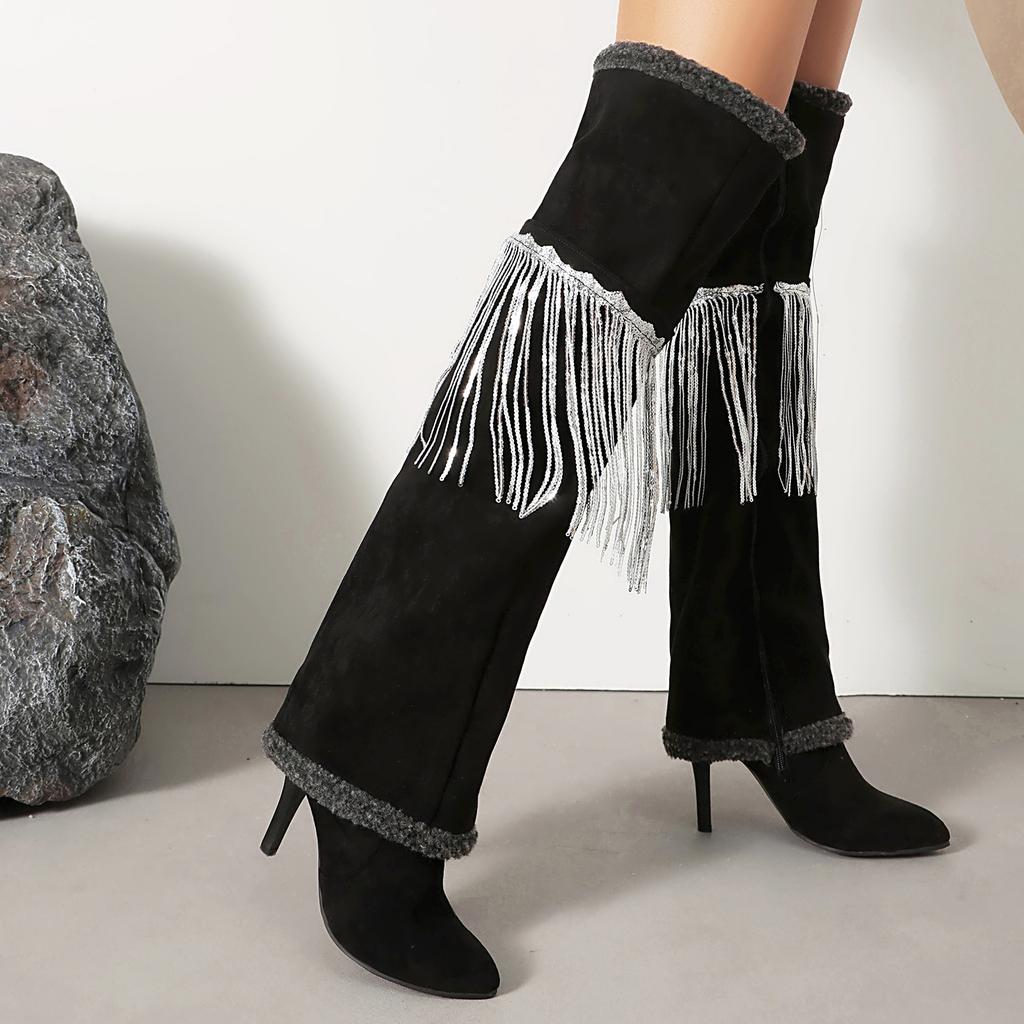 Britische Wildleder Over-Knee Stiefel Mode Stiletto Stiefel Fransenstiefel Hosenrohrstiefel 40-45 Große Größen Stiefel