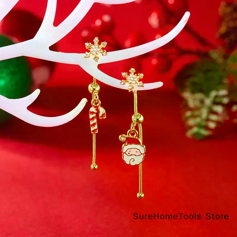 Asymmetric Moving Santa Claus Christmas Tree Drop Earrings For Women Zircon Star Snowman Bell Long Tassel Earring Party Jewerly
