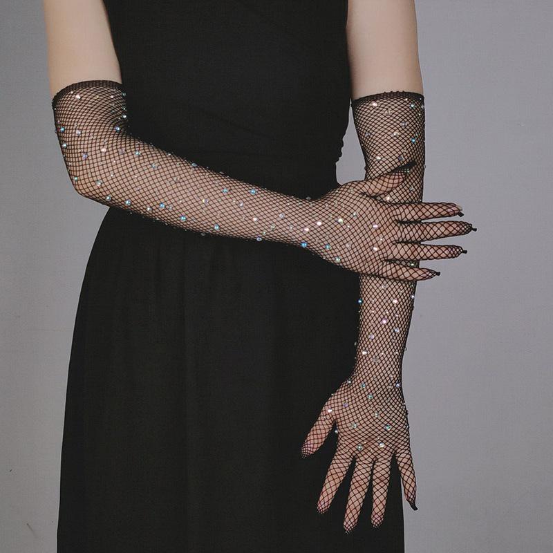 Women'S Fashionable Hot Diamond Sparkling Mesh Fishing Net Elastic Gloves