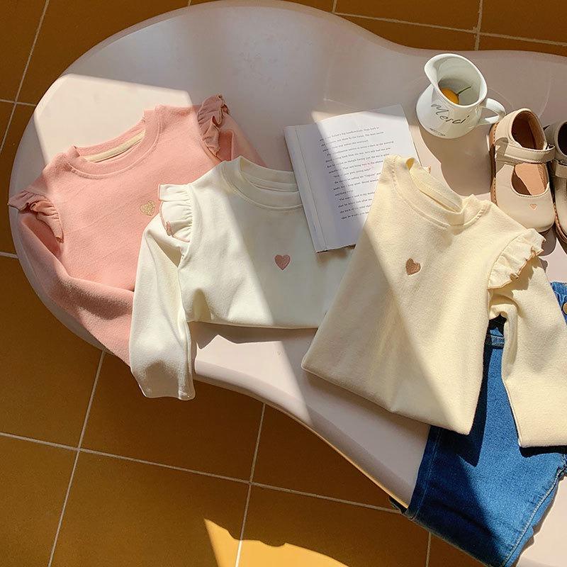 Spring and Autumn Girls'  Cotton Base Shirt Love Embroidered Long Sleeve T-Shirt Clothes