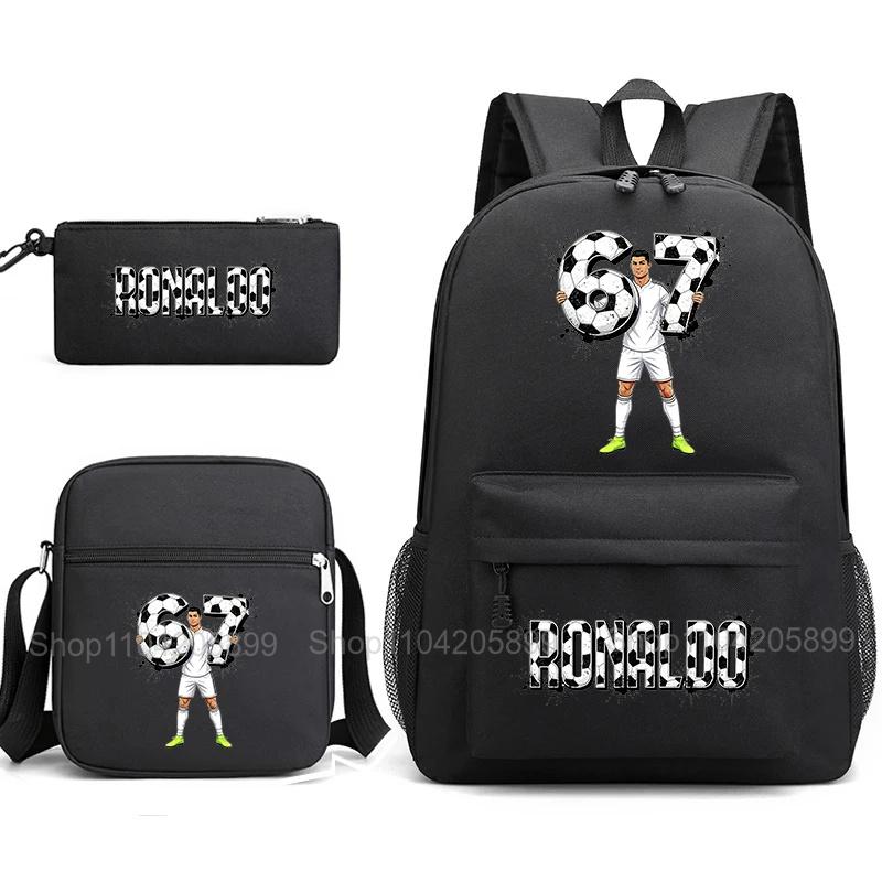 CR7 Ronaldo Backpack Football 67 Print School Bag With Shoulder Bag & Pencil Case For Student Boys Gift Daily Travel Rucksack
