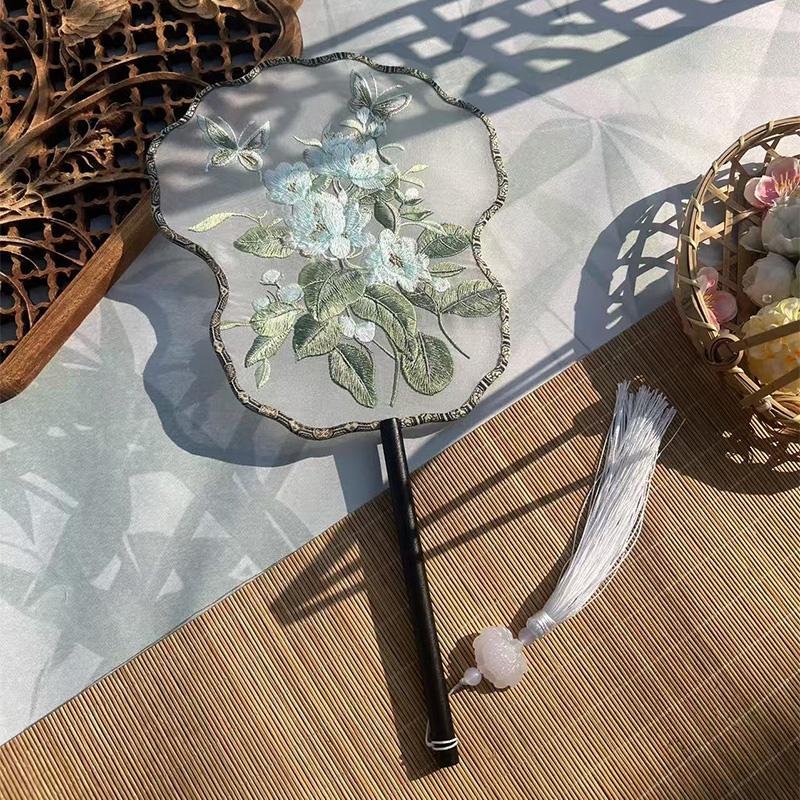 Chinese Style Hanfu Ancient Fan Dance Shooting Long Handled Embroidered Classical Double Sided Fan Female Decorative Fan