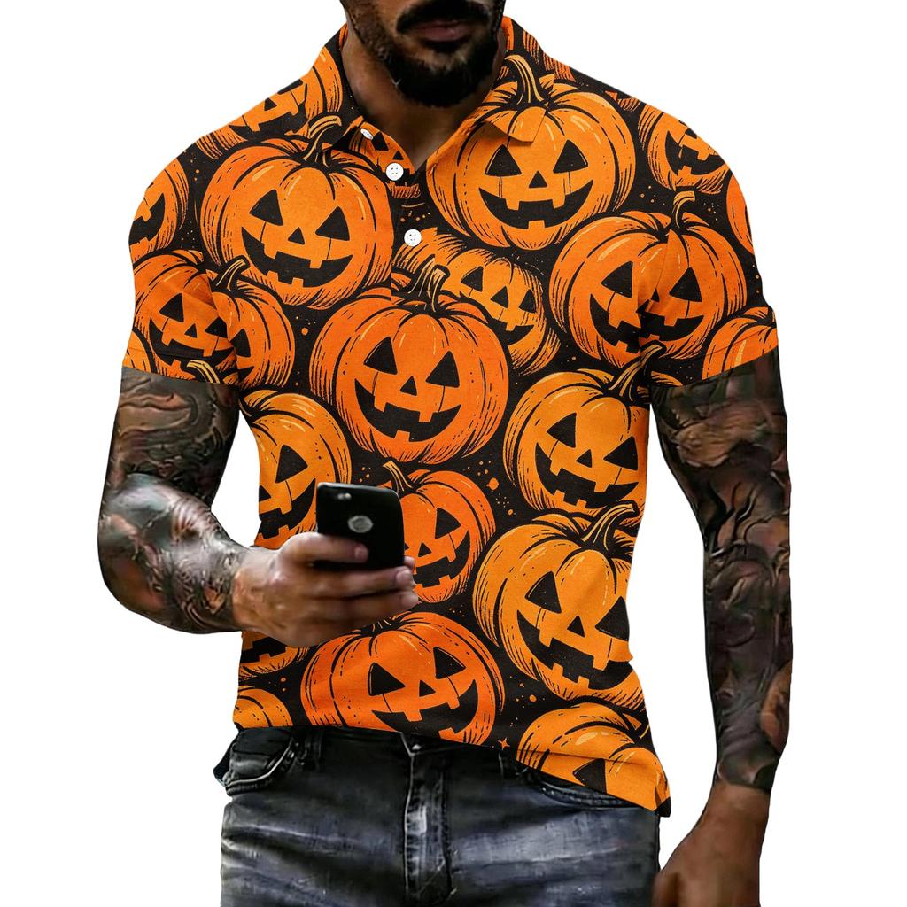 Unisex Loose Fit Casual Short Sleeve Polo Shirt with Halloween Themed Print Pullover Design for Everyday Wear