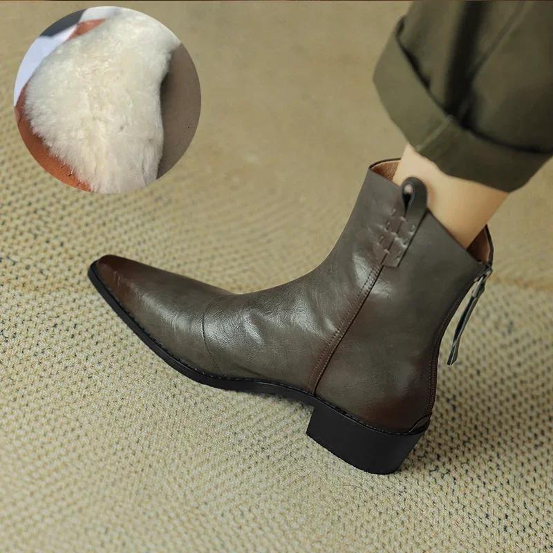 Fashion 2025 Autumn/winter Women Boots Genuine Leather Western Boots Women Shoes Pointed Toe Chunky Heel Chelsea Boots Retro Ankle Boots