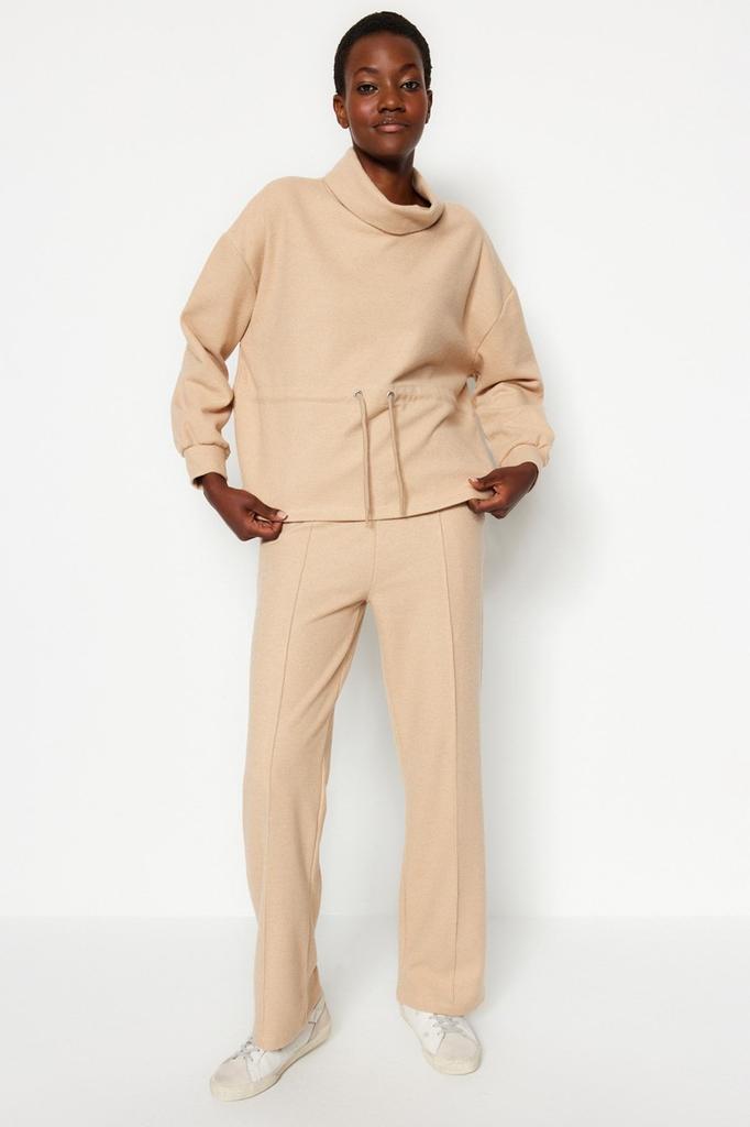 Women's Fashionable Stylish Sweatshirt Navy Blue Thessaloniki Knitwear Look High Collar Gathered Regular Fit Knitted Sweatshirt