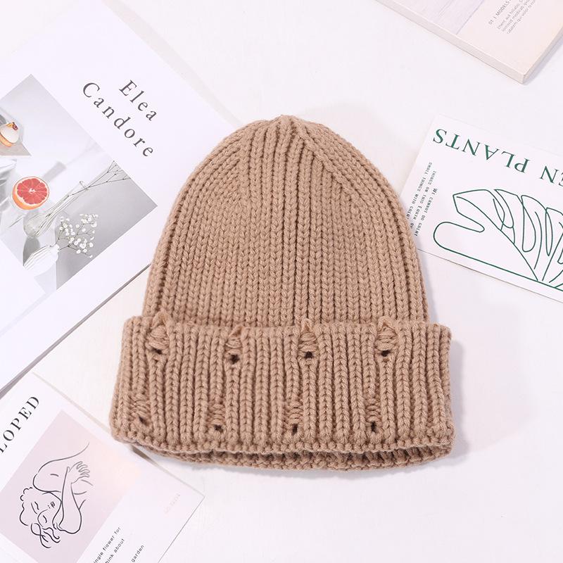 Hats for Men and Women  Solid Color Ripped Woolen Hats Japanese All Match Knitted Hats Autumn and Winter Warm Pointed Pullover Cold Hats