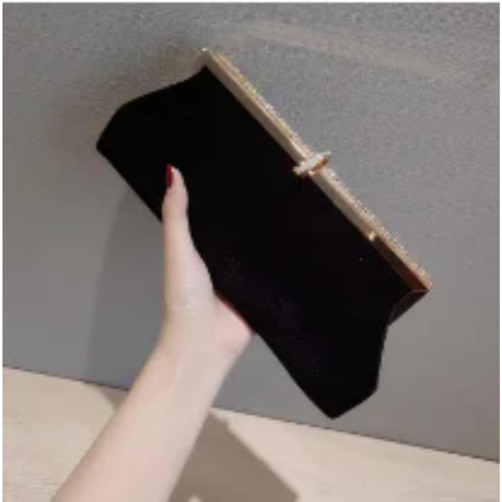 Women Retro Black Velvet Evening Clutch Bag Glitter Rhinestone Buckle Banquet Party Ladies Handbag Purse with Chain