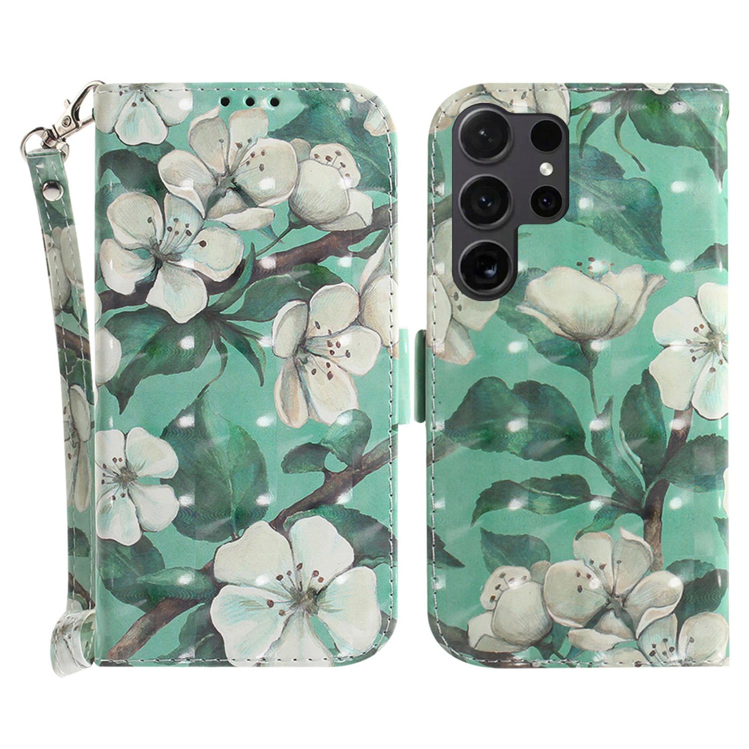 

PU Leather Flip Cover for Samsung Galaxy S24 Ultra Case Pattern Printed Anti-Drop Wallet Phone Case with Strap Watercolor Flowers