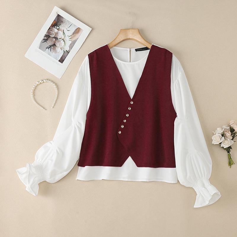 ZANZEA Women Casual Round Neck Long Sleeve Loose Patchwork Blouse