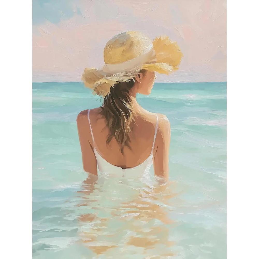 Dreamy Pastel Summer Beach Posters Woman Swimming Umbrella Sea Turtle Prints Canvas Painting Wall Picture Home Living Room Decor