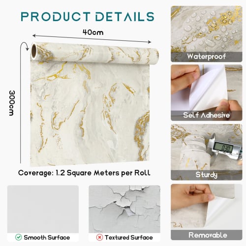 VEELIKE Marble-Look Wallpaper Stickers, Thick, Waterproof, Heat-Resistant, Milky White, Matte, Peelable, Self-Adhesive, 40x300cm, Interior Accent, Wal