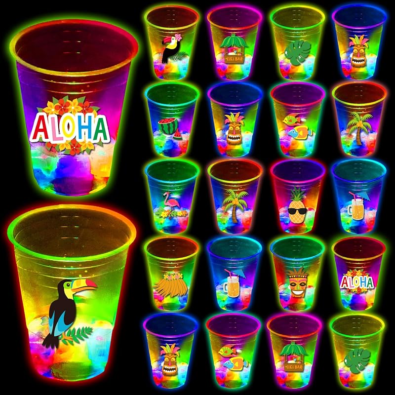 mishunyus 24 Pcs Glow Hawaiian Luau Party Cups, Flashing Tiki Party Cups, Tropical Luau Party Decorations Hawaiian Party Supplies Favor (16oz)