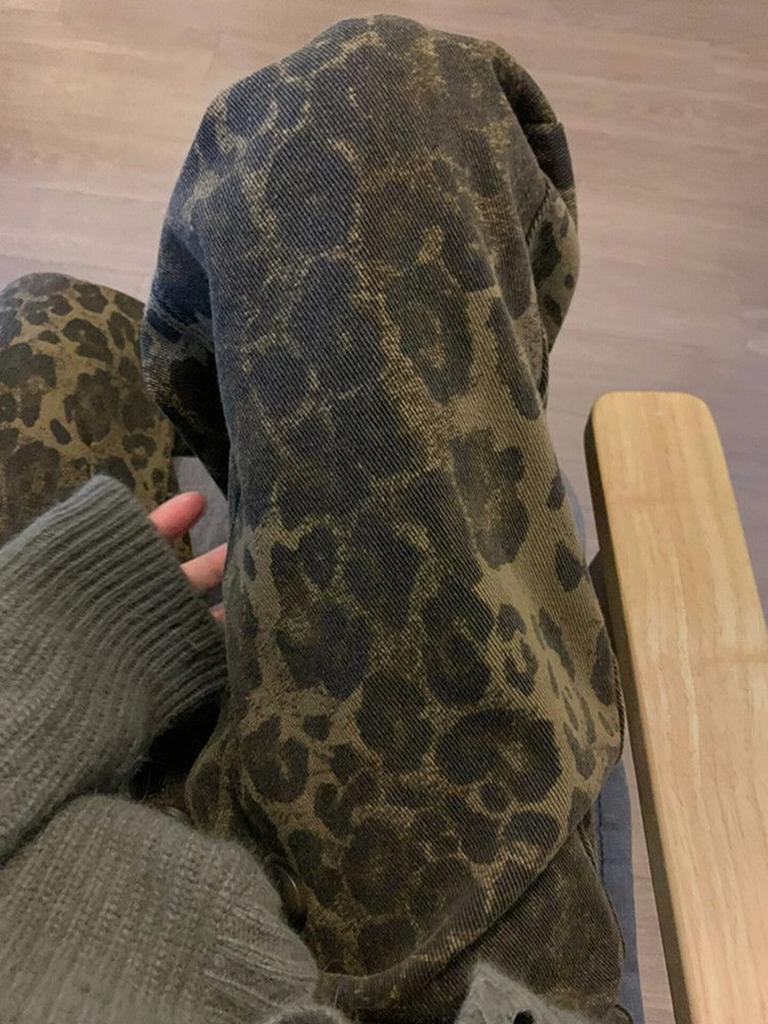American Lolita Leopard Print Denim Jeans Women Spring/Autumn New Style Brand Loose Straight Leg Casual Pants