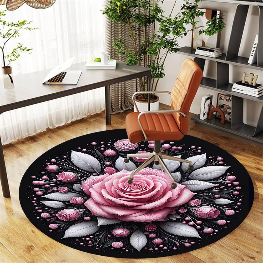 1pc Rose Floral Round Chair mat Area Rug - Non-Slip, Floor Mat for Office, Bedroom, and Indoor Decor -1002207