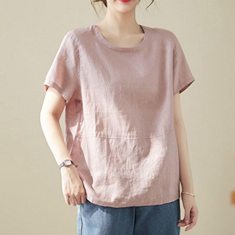 New Cotton and Linen Short Sleeved T-shirt for Women High-end Cotton and Linen Loose Fitting Belly Covering Cotton and Linen Top