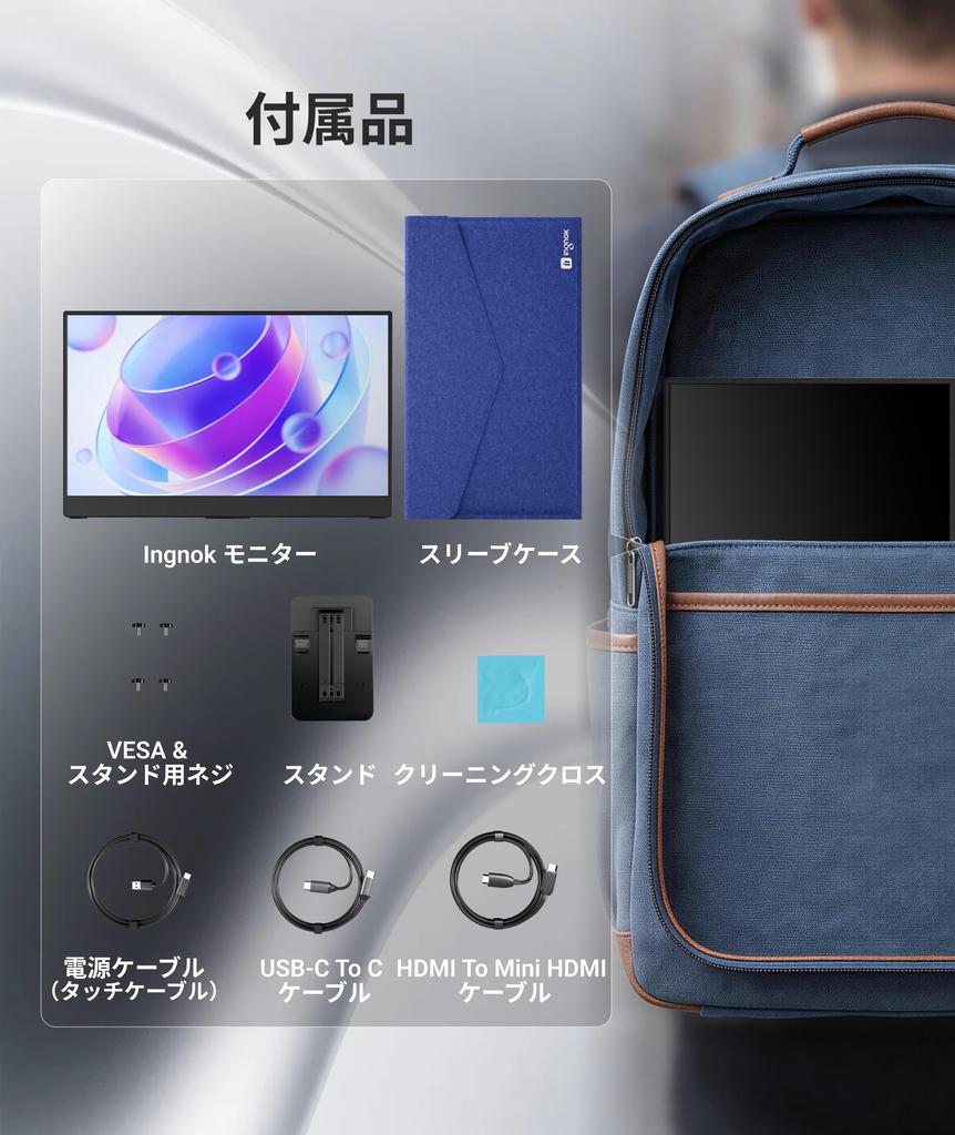 Ingnok Mobile Touch Adjustable FHD Portable USB to Mini HDMI Compatible with and More Monitor, 15.6-inch Panel, 10-Point Touch, Stand, 1080P, Monitor,