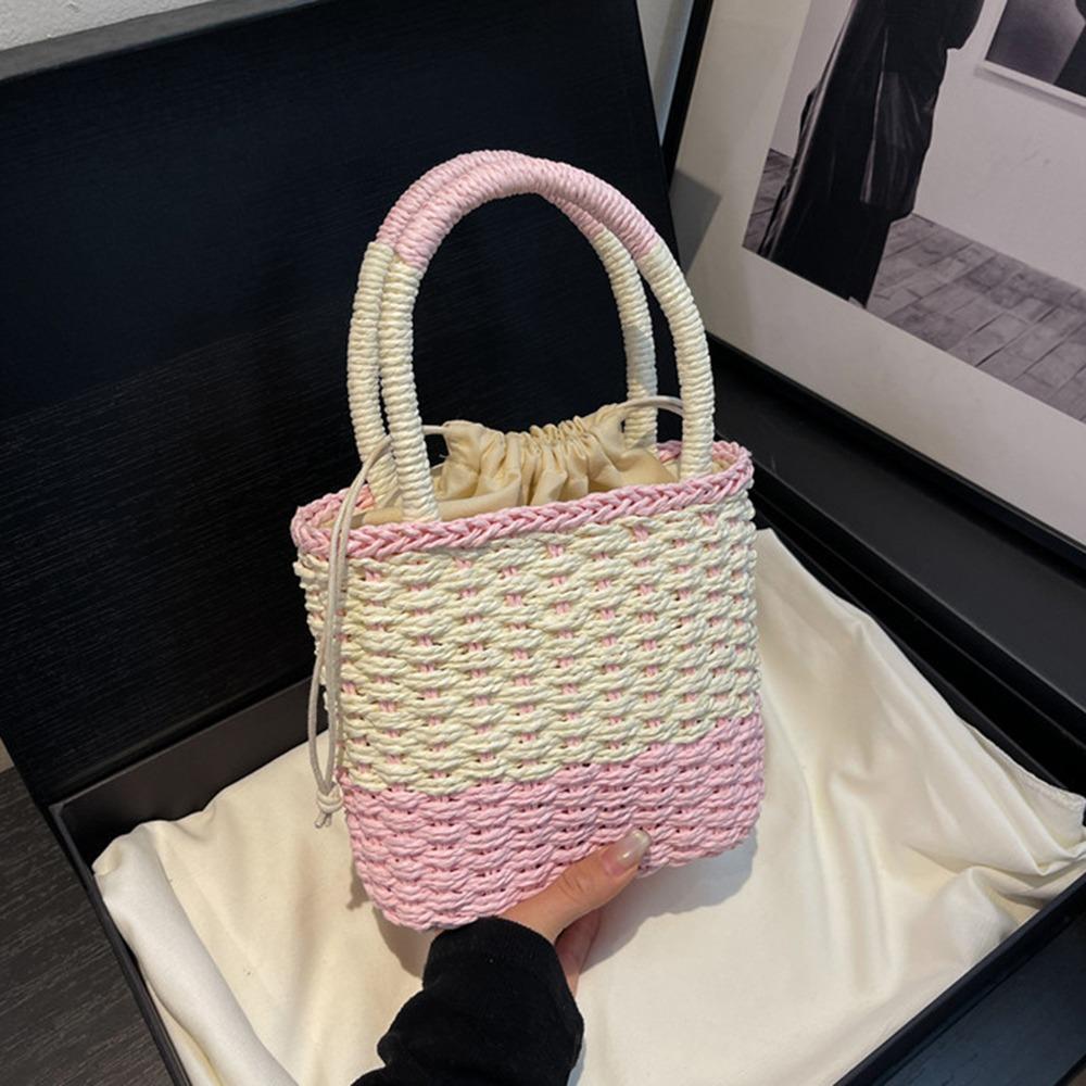 Large Capacity Weave Straw Bag Colorful Patchwork Striped Handbag Simple Beach Bag  Woman Girls