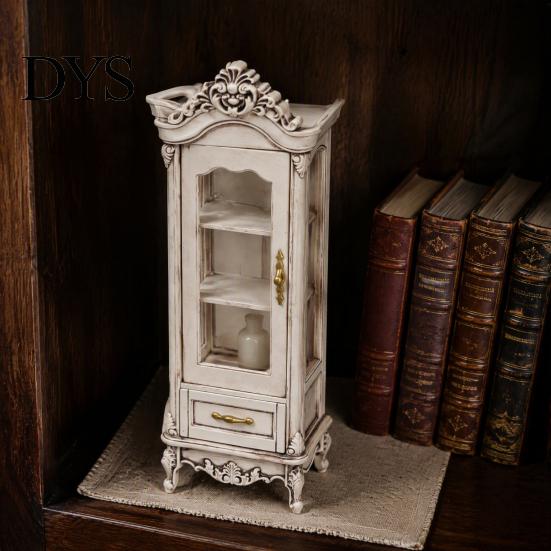 Doll Mansion Interior Accessories Miniature Curio Cabinet, 1/12 Scale Mini Wine Wooden Tiny Display Cabinet with Drawer, Vintage Furniture for Living