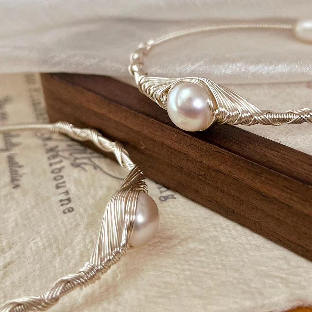 Retro Natural Freshwater Nearly Round Pearl Bracelet, Handmade Winding Bracelet For Women, Adjustable Niche Atmosphere