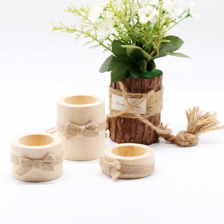 Cylindrical Wooden Candlestick with Floral Potted Plant, Modern Minimalist Style