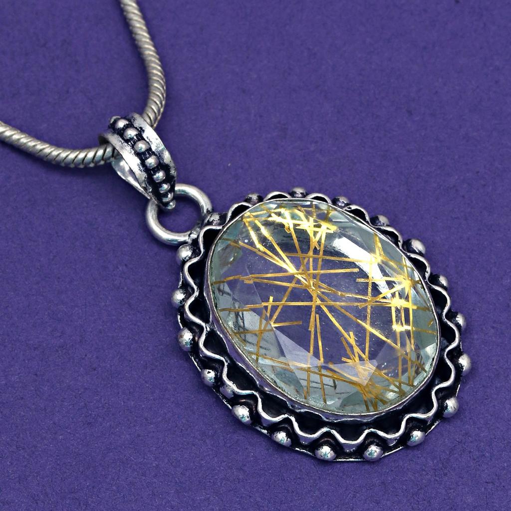 Rutile  Golden Set Earring Jewelry 18-20'' Pendant Quartz Sterling