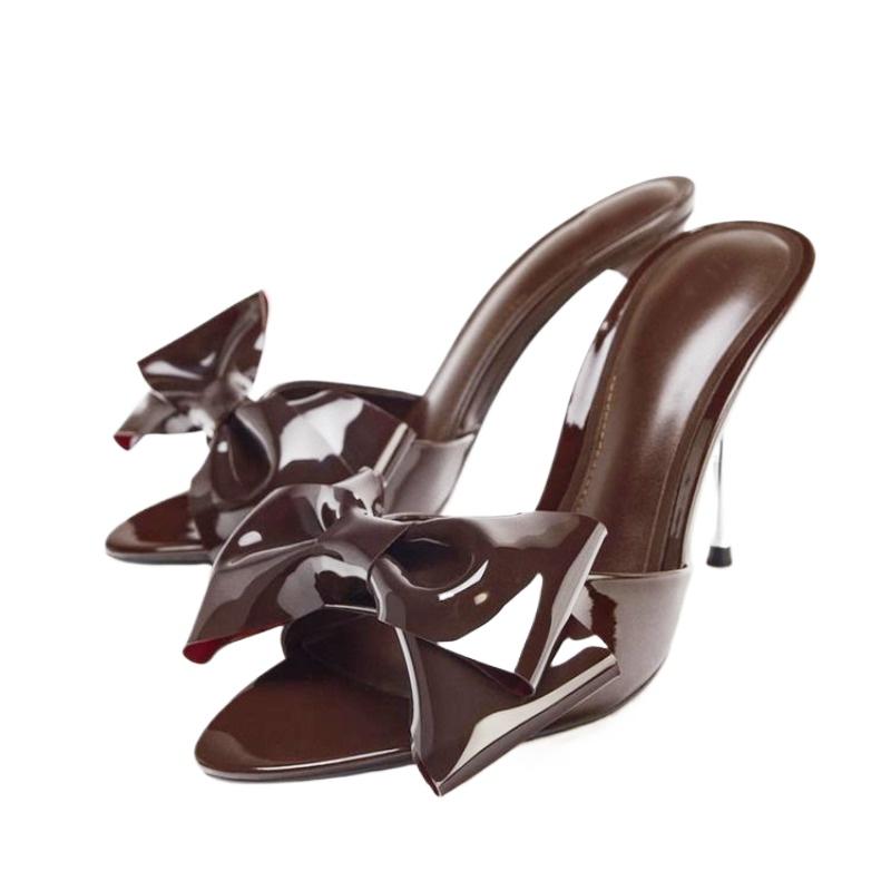Fashion Sexy Peep Toe Thin Heeled Sandals Women Patent Leather Butterfly Knot Decoration Slippers Elegant Pointed Toe Party High Heels
