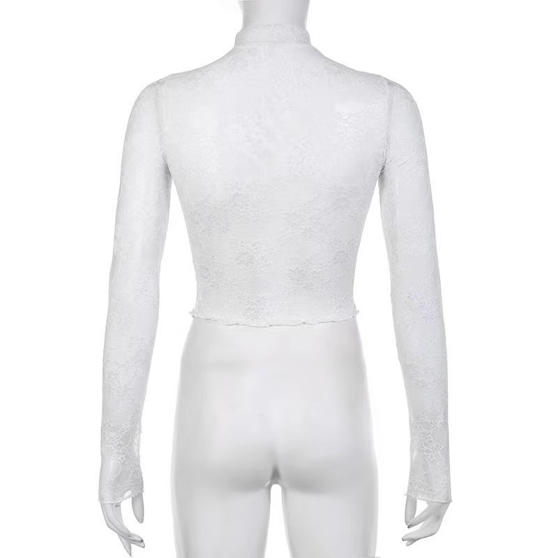 T-Shirt mit halbem Stehkragen, Spitze und Mesh im französischen Stil, langärmlig für Damen, leicht, durchsichtig, Sonnenschutzhemd, Slim Fit, Spicy Girl Top