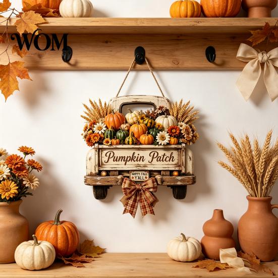Retro Pickup Truck Decor for Home Harvest Pumpkin Hanging Sign Front Door, Wooden Fall Door with Decorative Holiday Wall Plaque Hemp Rope, Distressed