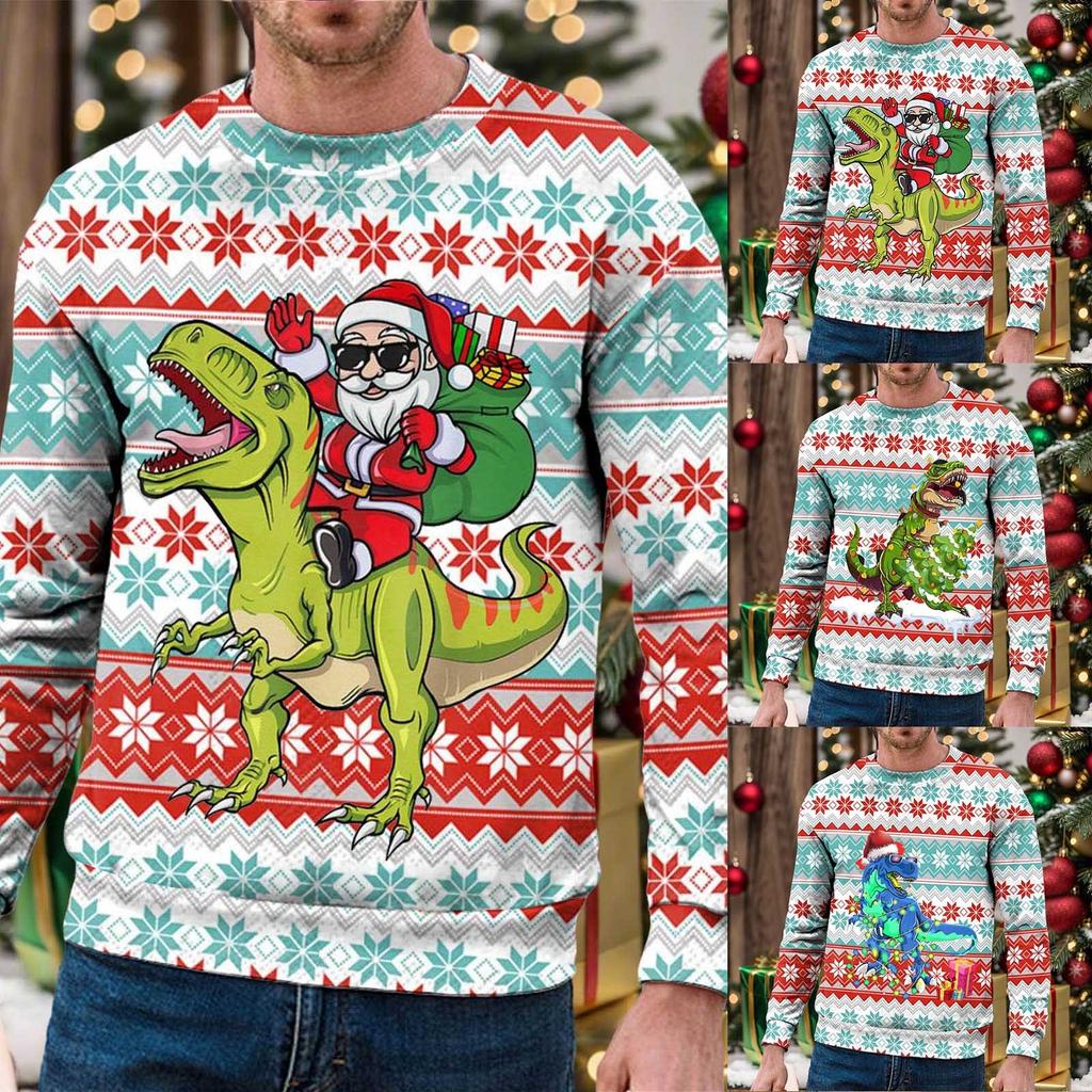 Male Christmas Sweatshirt Pullover Crew Neck Autumn Winter Long Sleeve Shirt Modern Sweater With Dinosaur Print Men'S Party