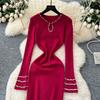 Autumn Spring Women Full Sleeve Luxury Beading Knitted Sweater Party Dress Long Midi Sheath Bodycon Pullover Dresses