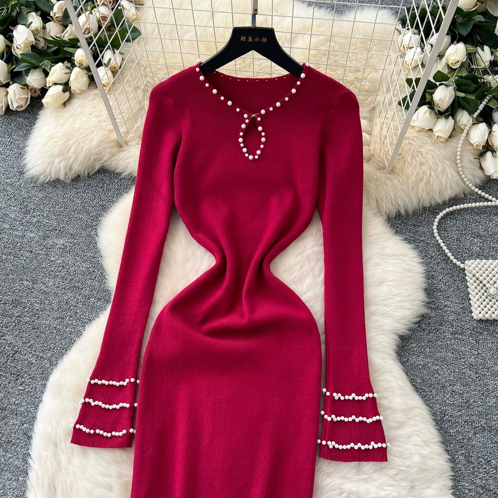 Autumn Spring Women Full Sleeve Luxury Beading Knitted Sweater Party Dress Long Midi Sheath Bodycon Pullover Dresses