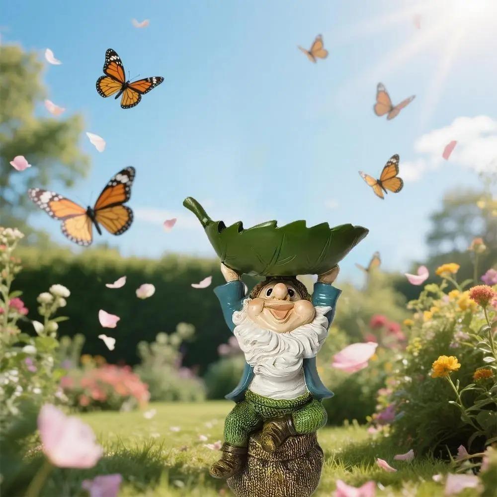 

Holding Leaves Dwarf Sculpture Cartoon Garden Gnome Statue Creative Bird Feeder Outdoor Courtyard Dwarf