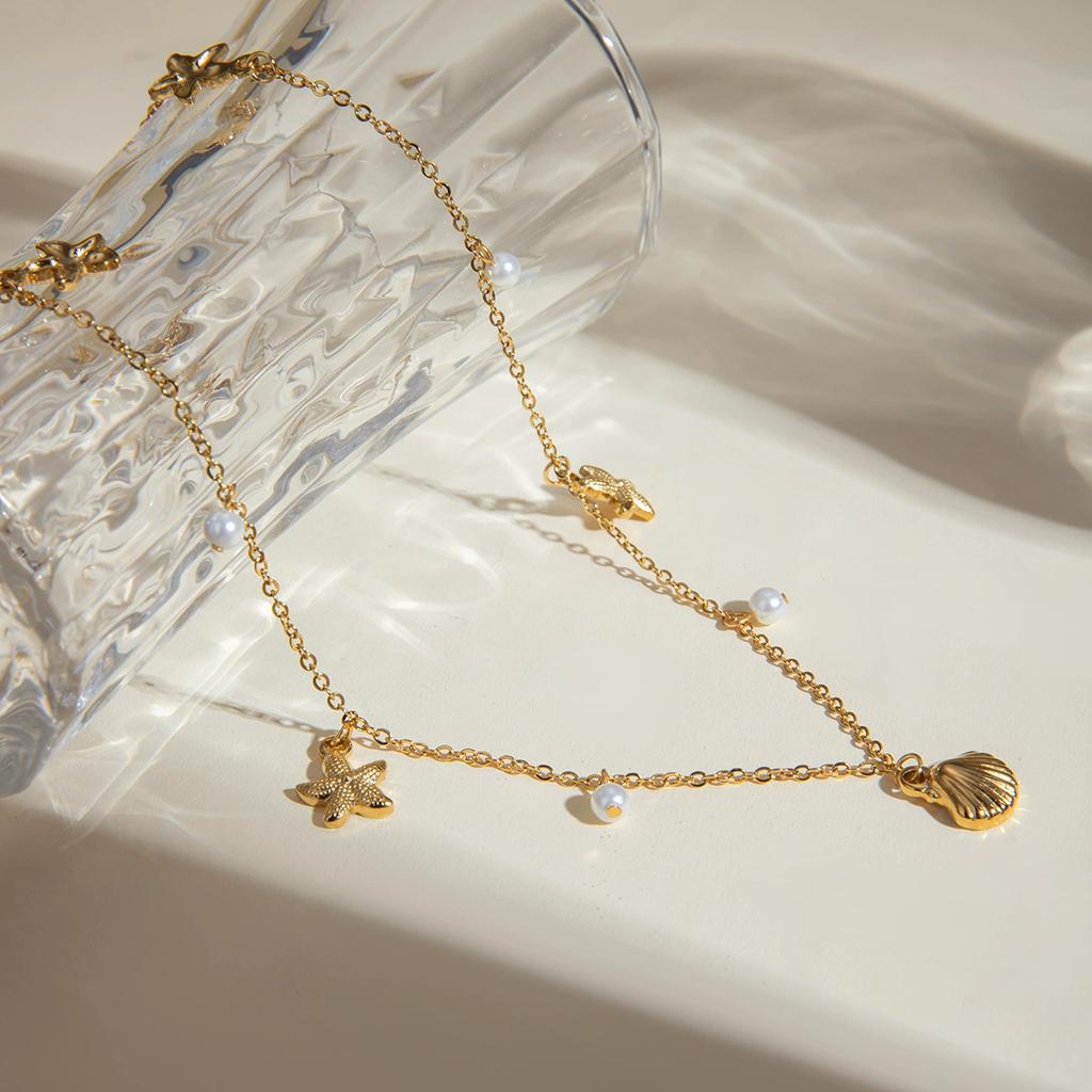 Summer Starfish Pendant Stainless Steel Stylish Necklace for Girl Cute Gold Color Waterproof Chic Zircon Party Gift
